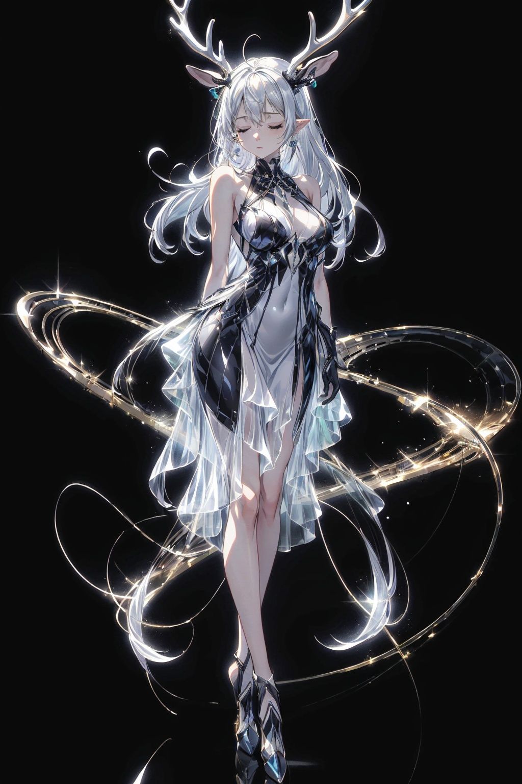  Best quality, 8k,cg,1girl, solo, long hair, dress, antlers, high heels, black background, full body, simple background, sleeveless, standing, breasts, closed eyes, white hair, bare shoulders, earrings, sleeveless dress, jewelry, arms behind back, pointy ears