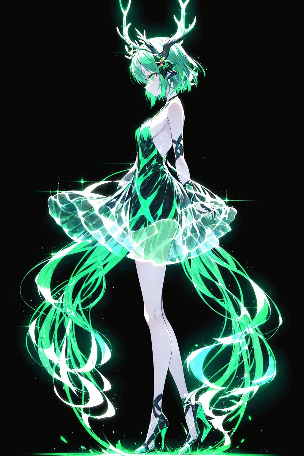  Best quality, 8k,cg,1girl, antlers, solo, short hair, dress, high heels, black background, standing, full body, profile, from side, green hair, simple background, sleeveless, bare shoulders, see-through, breasts, horns, bangs, sleeveless dress, green dress, arms at sides, glowing, multicolored hair, small breasts