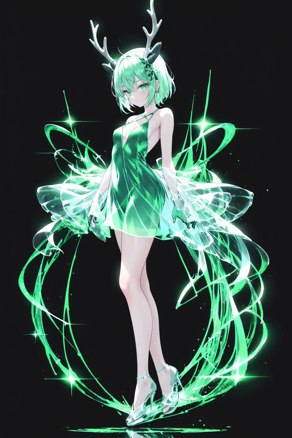  Best quality, 8k,cg,1girl, antlers, solo, short hair, dress, high heels, black background, standing, full body, profile, from side, green hair, simple background, sleeveless, bare shoulders, see-through, breasts, horns, bangs, sleeveless dress, green dress, arms at sides, glowing, multicolored hair, small breasts