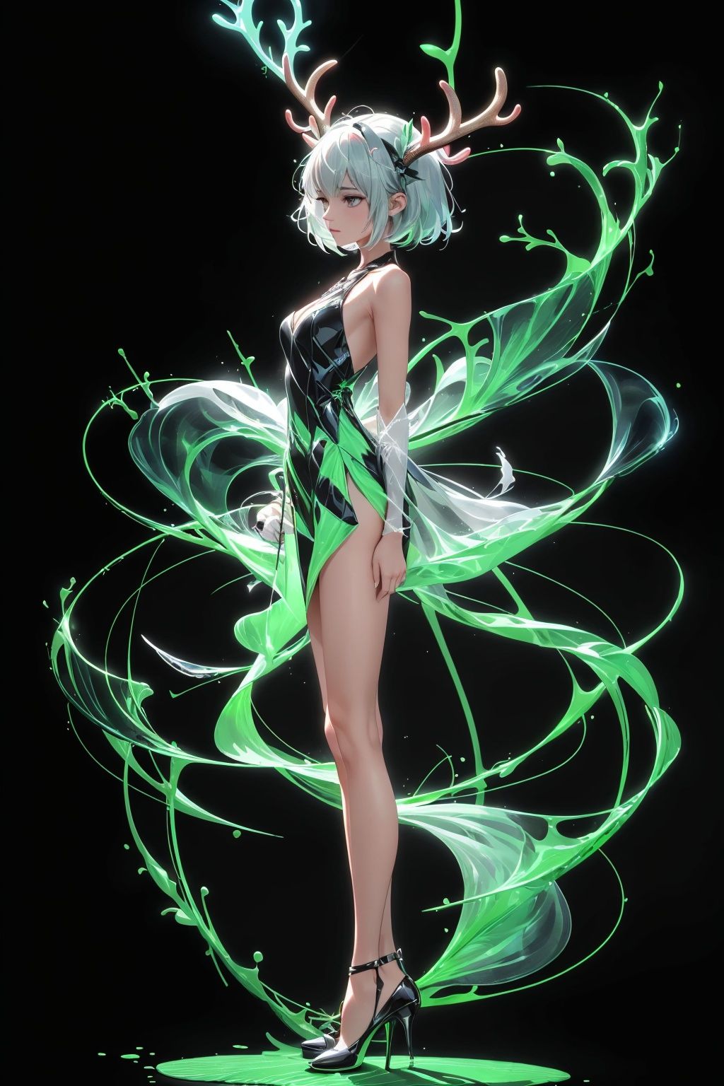  Best quality, 8k,cg,1girl, antlers, solo, short hair, dress, high heels, black background, standing, full body, profile, from side, green hair, simple background, sleeveless, bare shoulders, see-through, breasts, horns, bangs, sleeveless dress, green dress, arms at sides, glowing, multicolored hair, small breasts