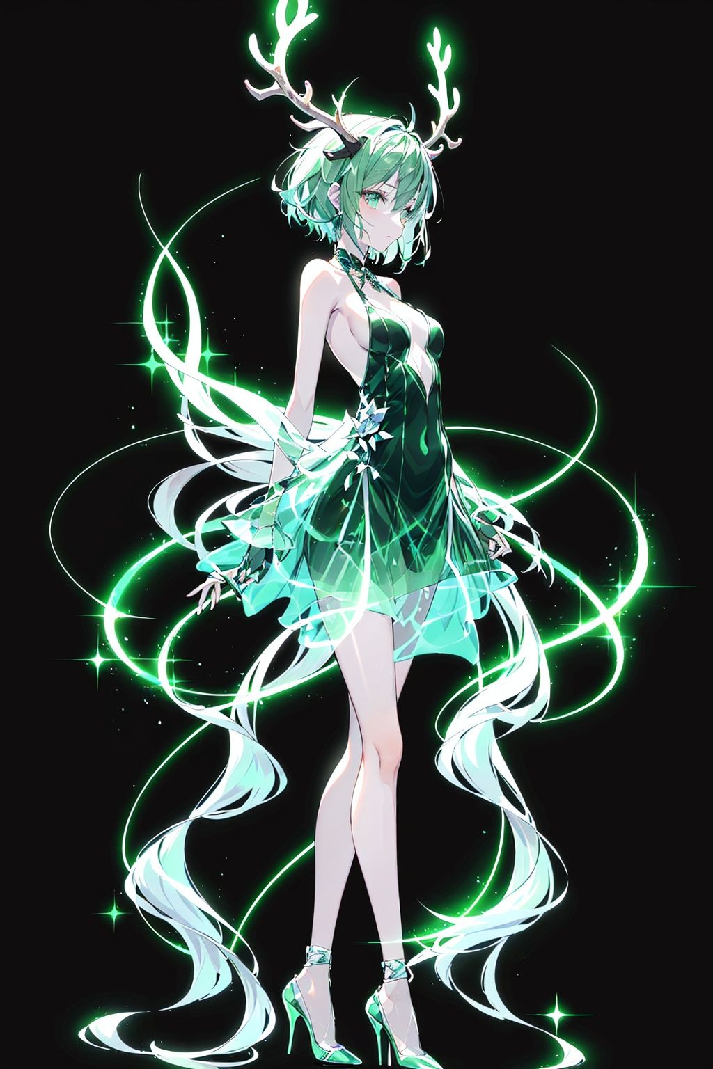  Best quality, 8k,cg,1girl, antlers, solo, short hair, dress, high heels, black background, standing, full body, profile, from side, green hair, simple background, sleeveless, bare shoulders, see-through, breasts, horns, bangs, sleeveless dress, green dress, arms at sides, glowing, multicolored hair, small breasts