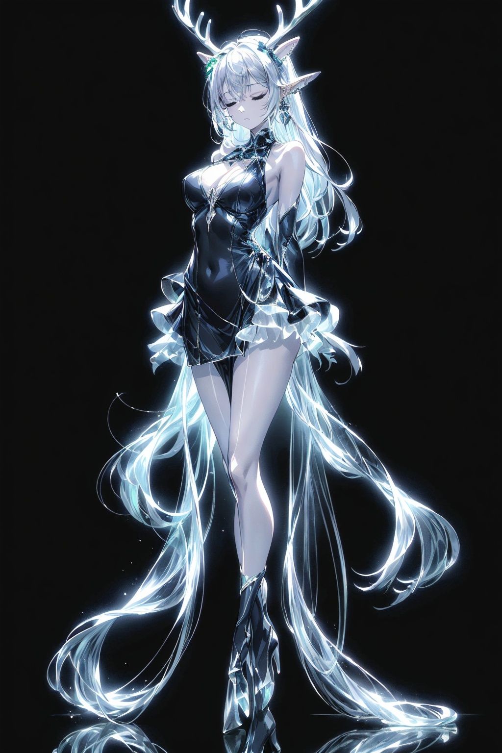  Best quality, 8k,cg,1girl, solo, long hair, dress, antlers, high heels, black background, full body, simple background, sleeveless, standing, breasts, closed eyes, white hair, bare shoulders, earrings, sleeveless dress, jewelry, arms behind back, pointy ears