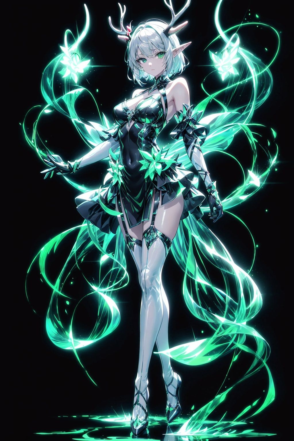  Best quality, 8k,cg,1girl, solo, dress, gloves, antlers, black gloves, elbow gloves, black background, full body, standing, breasts, high heels, bare shoulders, horns, looking at viewer, green dress, medium breasts, short hair, white hair, strapless dress, thighhighs, simple background, pointy ears, green eyes