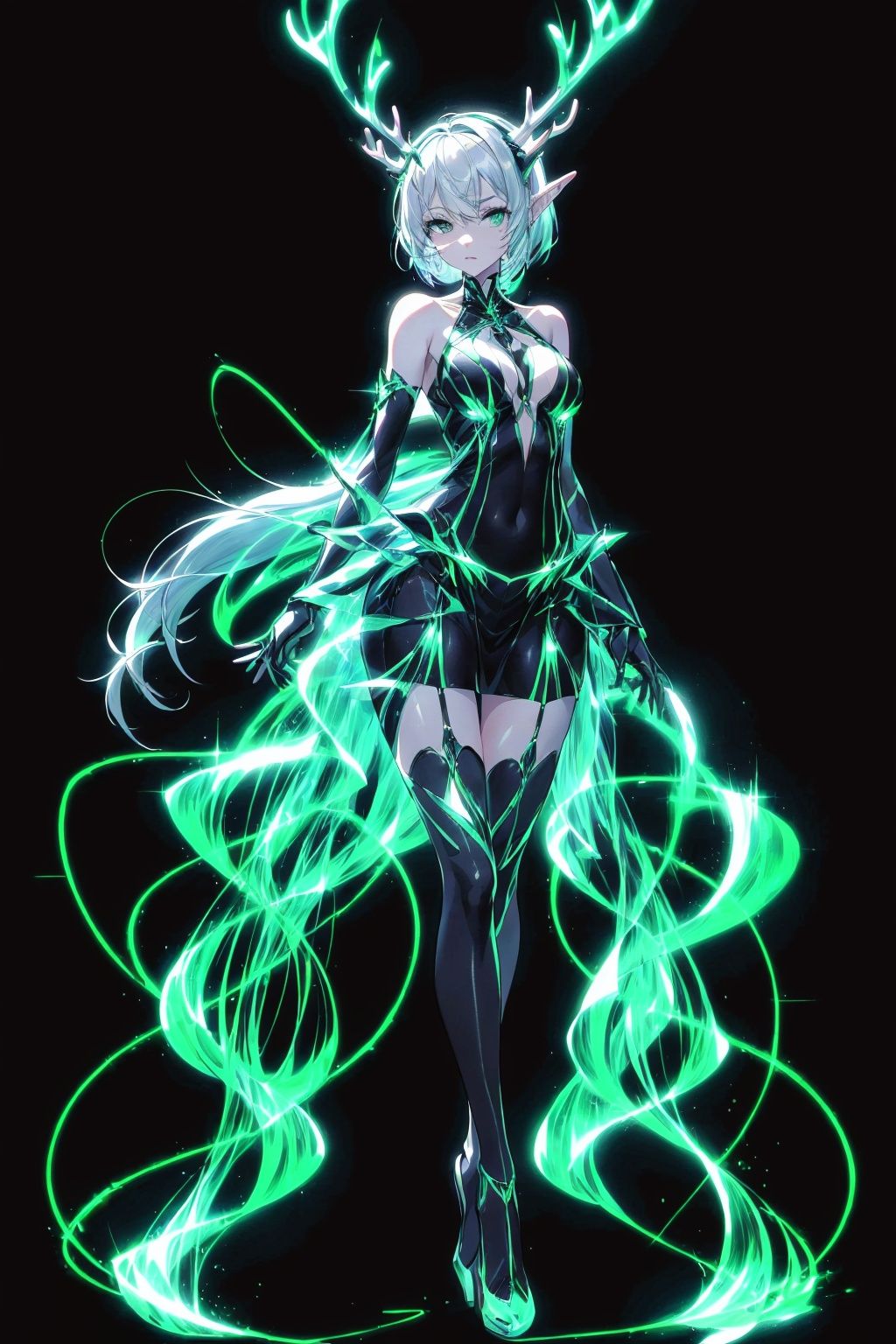  Best quality, 8k,cg,1girl, solo, dress, gloves, antlers, black gloves, elbow gloves, black background, full body, standing, breasts, high heels, bare shoulders, horns, looking at viewer, green dress, medium breasts, short hair, white hair, strapless dress, thighhighs, simple background, pointy ears, green eyes