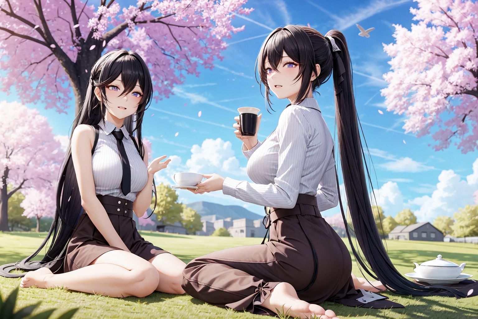 multiple girls,  3girls,  long hair,  manjuu (azur lane),  breasts,  very long hair,  large breasts,  blue hair,  formidable (azur lane),  tree,  outdoors,  shirt,  sleeveless,  red eyes,  cup,  official alternate costume,  sleeveless shirt,  blue eyes,  looking at viewer,  sitting,  ribbon,  teacup,  holding,  skirt,  ponytail,  multicolored hair,  horns,  high-waist skirt,  hair ribbon,  pants,  sky,  bare shoulders,  barefoot,  sweater,  holding cup,  copyright name,  >_<,  day,  grey hair,  cherry blossoms,  white shirt,  picnic,  white hair,  purple hair,  open mouth,  frills,  two-tone hair,  black ribbon,  teapot,  twintails,  brown shirt,  grass,  long sleeves,  brown skirt,  seiza,  brown sweater,  dress,  smile,  wariza,  bangs,  cloud,  black shirt,  streaked hair,  chick,  high ponytail,  blue sky,  plate,  standing,  black skirt,  hair between eyes,  casual,  absurdly long hair,  soles,  bird,  purple eyes,  looking back,  tea,  brown pants,  saucer,  food,  black dress,  ass,  full body,  neck ribbon,  parted lips,  braid,  watermark,  blush,  collared shirt,  black footwear,  long skirt,  shoulder cutout,  brown dress,  jewelry,  two-tone ribbon,  alternate costume,  feet,  brown hair,  petals,  earrings,  ribbed shirt,  sidelocks,  necktie,  cleavage,  blurry,  closed eyes,  ribbed sweater