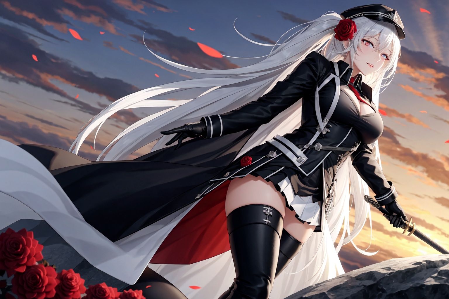 breasts,  multiple girls,  umbrella,  long hair,  4girls,  large breasts,  red eyes,  thighhighs,  very long hair,  blue eyes,  skirt,  heterochromia,  gloves,  looking at viewer,  hat,  twintails,  pantyhose,  holding,  eyepatch,  holding umbrella,  thigh boots,  black headwear,  black gloves,  boots,  cleavage,  flower over eye,  pleated skirt,  bangs,  smile,  grey hair,  long sleeves,  green eyes,  sunset,  one eye closed,  white hair,  high heels,  flower,  dress,  military uniform,  black footwear,  thigh strap,  black skirt,  rose,  uniform,  standing,  sky,  copyright name,  shirt,  cloud,  military,  outdoors,  closed mouth,  absurdly long hair,  hair ornament,  thighs,  gauntlets,  parasol,  white shirt,  belt,  blush,  weapon,  high-waist skirt,  ribbon,  necktie,  hair between eyes,  miniskirt,  open mouth,  cape,  sweater,  military hat,  ponytail,  grey eyes,  cross,  side ponytail,  hair ribbon,  red flower,  black dress,  jacket,  iron cross,  sword,  cloudy sky,  peaked cap,  high heel boots,  red rose,  detached sleeves,  skindentation,  short hair,  parted lips,  zettai ryouiki,  black umbrella,  hair flower,  elbow gloves,  armor,  medium breasts,  mole,  bow,  holding weapon,  bare shoulders