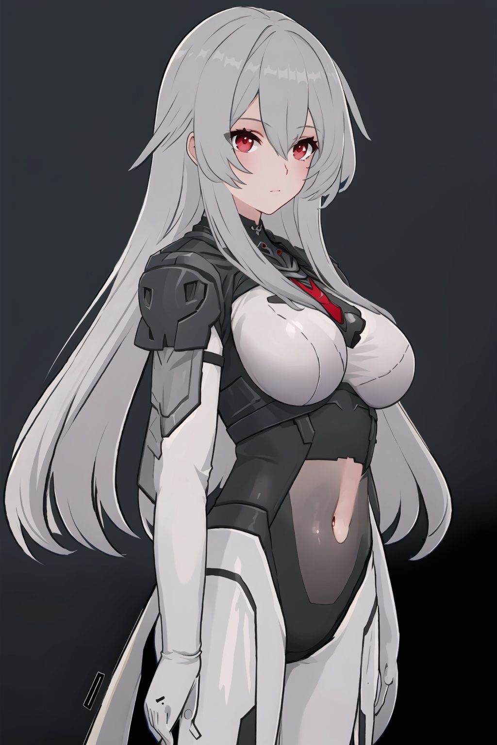 1girl, solo, red eyes, breasts, long hair, looking at viewer, covered navel,  grey hair, bodysuit, very long hair, closed mouth, bangs, standing, arms at sides, hair between eyes, cowboy shot, large breasts,leibiliyaXF,
(masterpiece:1.2), best quality, masterpiece, highres, original,ultra-detailed, illustration,extremely detailed wallpaper, perfect lighting,(extremely detailed CG:1.2), (alyss1*1.2), nanyinXF, zichun