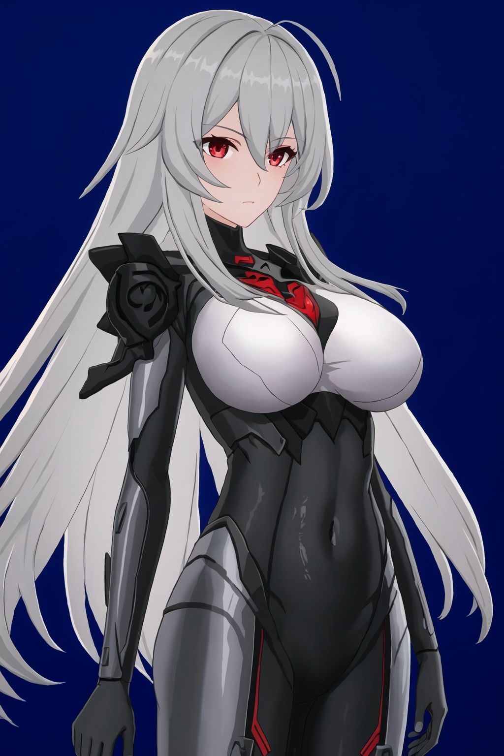 1girl, solo, red eyes, breasts, long hair, looking at viewer, covered navel,  grey hair, bodysuit, very long hair, closed mouth, bangs, standing, arms at sides, hair between eyes, cowboy shot, large breasts,leibiliyaXF,
(masterpiece:1.2), best quality, masterpiece, highres, original,ultra-detailed, illustration,extremely detailed wallpaper, perfect lighting,(extremely detailed CG:1.2), (alyss1*1.2), nanyinXF, zichun