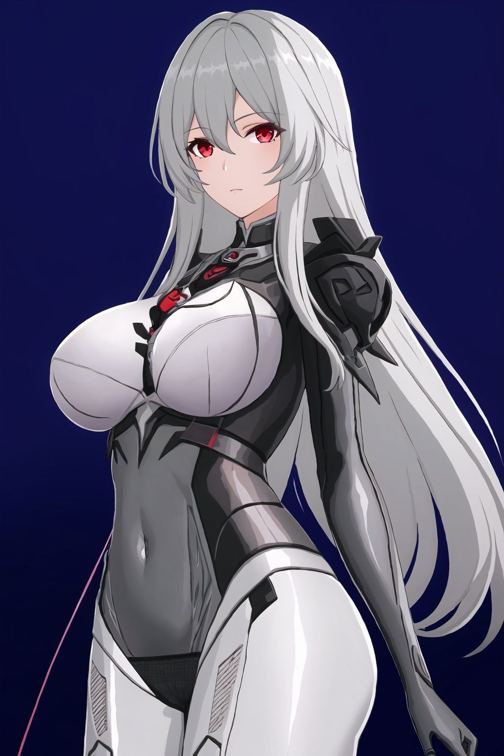 1girl, solo, red eyes, breasts, long hair, looking at viewer, covered navel,  grey hair, bodysuit, very long hair, closed mouth, bangs, standing, arms at sides, hair between eyes, cowboy shot, large breasts,leibiliyaXF,
(masterpiece:1.2), best quality, masterpiece, highres, original,ultra-detailed, illustration,extremely detailed wallpaper, perfect lighting,(extremely detailed CG:1.2), (alyss1*1.2), nanyinXF, zichun