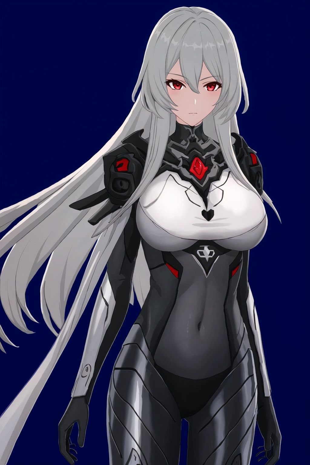 1girl, solo, red eyes, breasts, long hair, looking at viewer, covered navel,  grey hair, bodysuit, very long hair, closed mouth, bangs, standing, arms at sides, hair between eyes, cowboy shot, large breasts,leibiliyaXF,
(masterpiece:1.2), best quality, masterpiece, highres, original,ultra-detailed, illustration,extremely detailed wallpaper, perfect lighting,(extremely detailed CG:1.2), (alyss1*1.2), nanyinXF, zichun