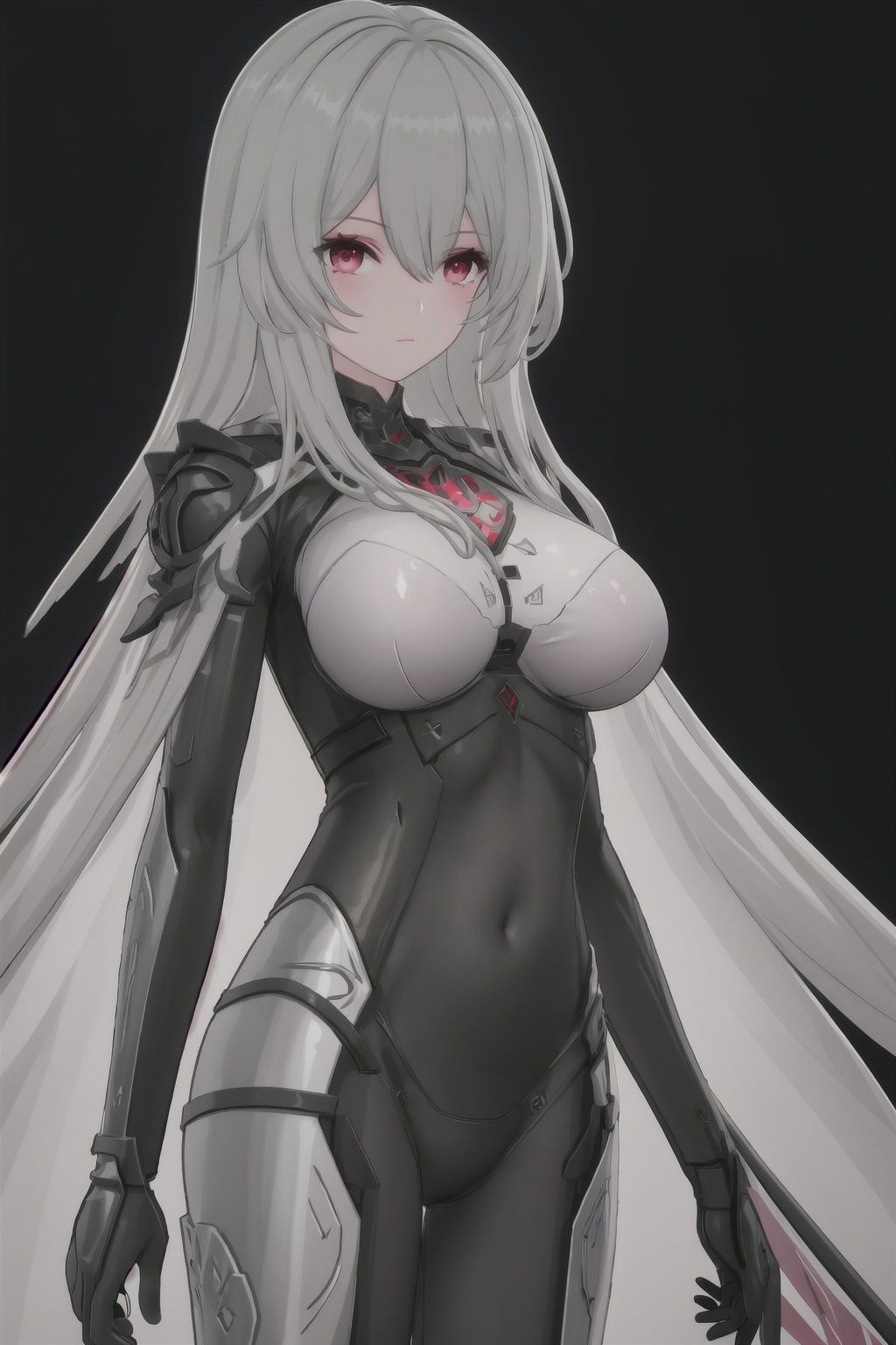 1girl, solo, red eyes, breasts, long hair, looking at viewer, covered navel,  grey hair, bodysuit, very long hair, closed mouth, bangs, standing, arms at sides, hair between eyes, cowboy shot, large breasts,leibiliyaXF,
(masterpiece:1.2), best quality, masterpiece, highres, original,ultra-detailed, illustration,extremely detailed wallpaper, perfect lighting,(extremely detailed CG:1.2), (alyss1*1.2), nanyinXF, zichun