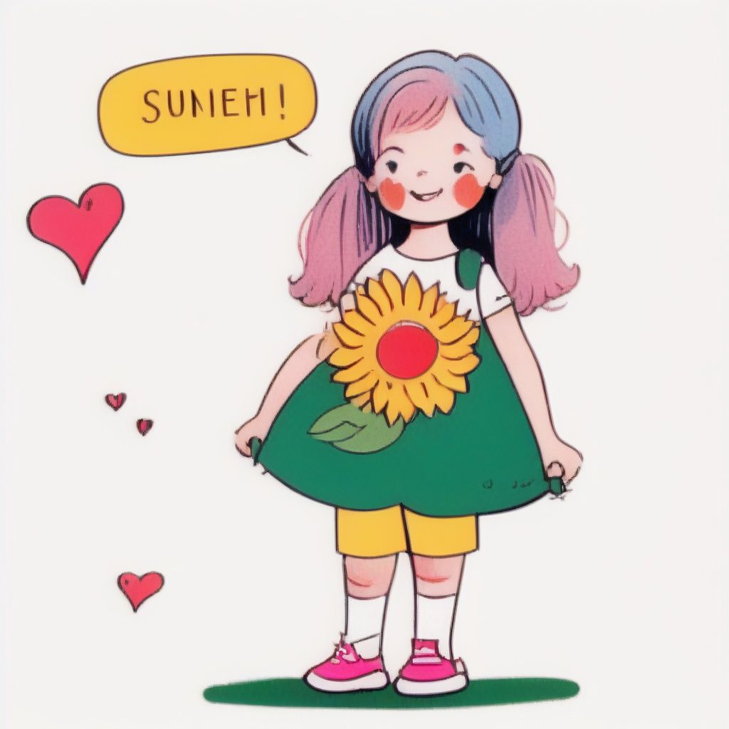 <lora:tuyanvhai:1>tuyanvhai, 1girl, bag, bangs, blue pants, blush, child, english text, facing viewer, full body, green skirt, heart, holding, long hair, open clothes, pink hair, ponytail, red footwear, shoes, simple background, sleeveless dress, smile, socks, solo, speech bubble, standing, sunflower, tuyagirl, white background, white shirt, yellow flower
