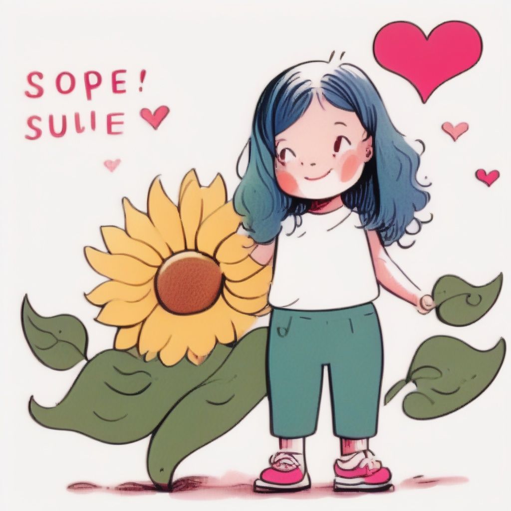 <lora:tuyanvhai:1>tuyanvhai, 1girl, bag, bangs, blue pants, blush, child, english text, facing viewer, full body, green skirt, heart, holding, long hair, open clothes, pink hair, ponytail, red footwear, shoes, simple background, sleeveless dress, smile, socks, solo, speech bubble, standing, sunflower, tuyagirl, white background, white shirt, yellow flower