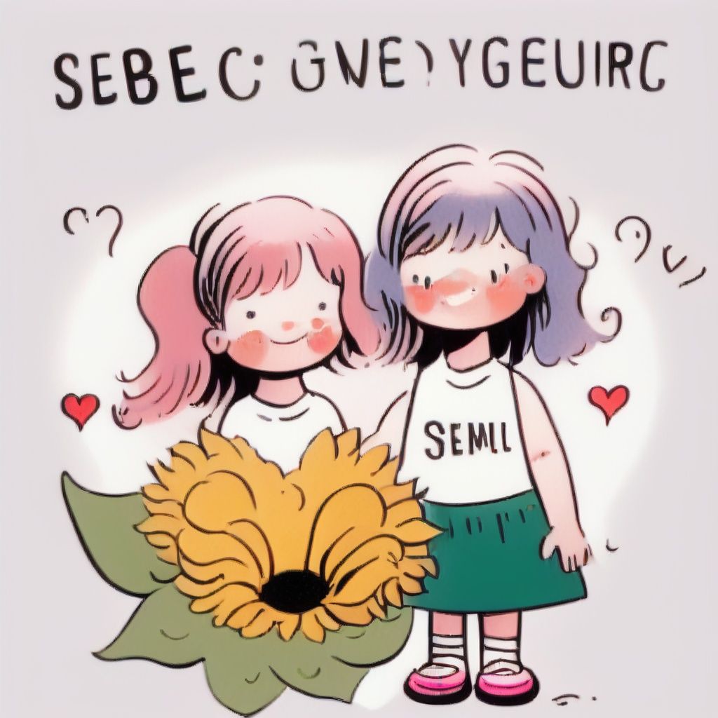 <lora:tuyanvhai:1>tuyanvhai, 1girl, bag, bangs, blue pants, blush, child, english text, facing viewer, full body, green skirt, heart, holding, long hair, open clothes, pink hair, ponytail, red footwear, shoes, simple background, sleeveless dress, smile, socks, solo, speech bubble, standing, sunflower, tuyagirl, white background, white shirt, yellow flower