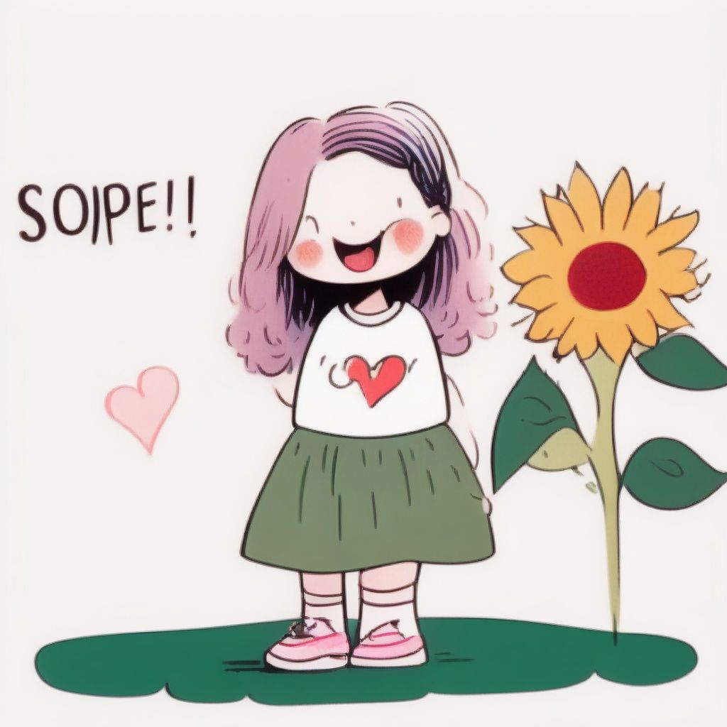 <lora:tuyanvhai:1>tuyanvhai, 1girl, bag, bangs, blue pants, blush, child, english text, facing viewer, full body, green skirt, heart, holding, long hair, open clothes, pink hair, ponytail, red footwear, shoes, simple background, sleeveless dress, smile, socks, solo, speech bubble, standing, sunflower, tuyagirl, white background, white shirt, yellow flower