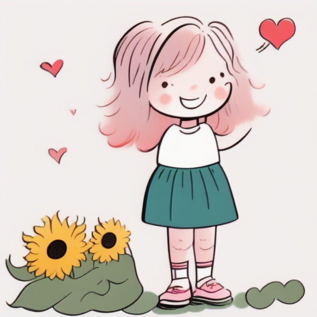 <lora:tuyanvhai:1>tuyanvhai, 1girl, bag, bangs, blue pants, blush, child, english text, facing viewer, full body, green skirt, heart, holding, long hair, open clothes, pink hair, ponytail, red footwear, shoes, simple background, sleeveless dress, smile, socks, solo, speech bubble, standing, sunflower, tuyagirl, white background, white shirt, yellow flower
