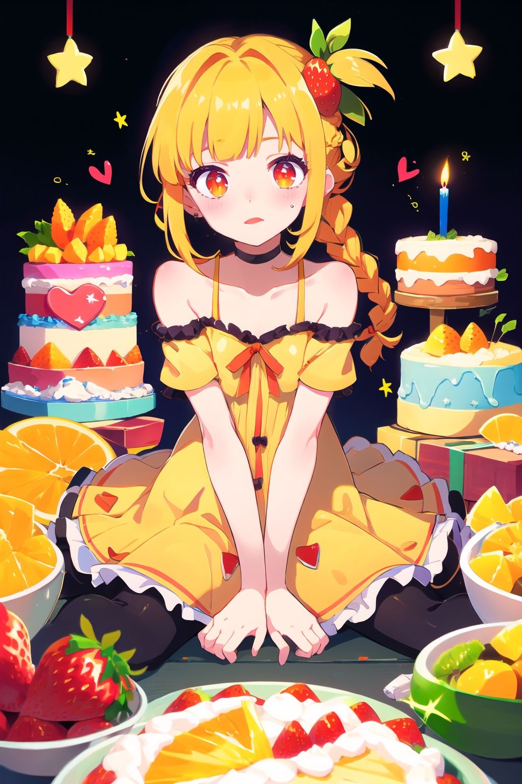 masterpiece,best quality,braid,1girl,solo,food,candle,fruit,orange (fruit),long hair,bow,black background,gift,orange theme,cake,hair bow,heart,orange eyes,orange slice,bottle,dress,star (symbol),braid,v arms,ribbon,strawberry,blonde hair,orange hair,bangs,blunt bangs,fire,bare shoulders,<lora:Muse_DashV4-000390:1>,