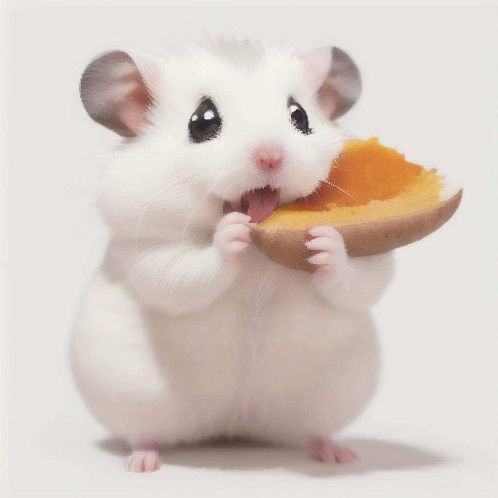 shushu,White Hamster,surprised,cutie,Detail,idle animation,eating,white wings,white background,angry,sweet potato <lora:shushu:1>