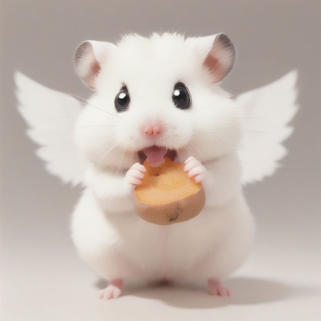 shushu,White Hamster,surprised,cutie,Detail,idle animation,eating,white wings,white background,angry,sweet potato <lora:shushu:1>