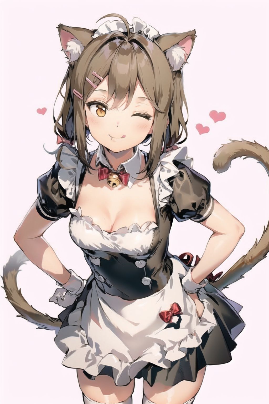  detailed eyes, 1girl, animal ears, solo, one eye closed, food, cat ears, tail, bow, tongue out, apron, tongue, cat tail, bell, maid, maid headdress, holding, short sleeves, dress, red eyes, hand on hip, cat girl, ahoge, frills, white background, looking at viewer, cake, hair ornament, black dress, black hair, twintails, white apron, heart, thighhighs, puffy sleeves, hair bow, neck bell, maid apron, white thighhighs, bangs, puffy short sleeves, simple background, pink bow, frilled apron, red bow, gloves, jingle bell, ribbon, short hair, smile, frilled dress, white gloves, hairclip, bowtie, wrist cuffs, short twintails, closed mouth, brown hair, blush, holding plate, standing, collar, ;p