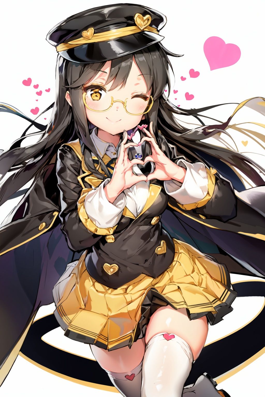  1girl, solo, one eye closed, black hair, long hair, thighhighs, yellow eyes, glasses, smile, heart hands, heart, white thighhighs, skirt, looking at viewer, hat, blush, yellow-framed eyewear
