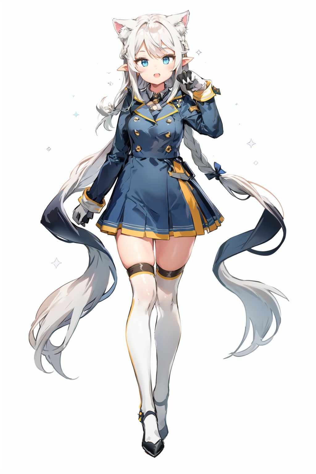 1girl, white_gloves, braid, full_body, gloves, long_hair, official_alternate_costume, pointy_ears, simple_background, solo, standing, very_long_hair, white_background, white hair, blue eyes, paw claw pose, open_mouth