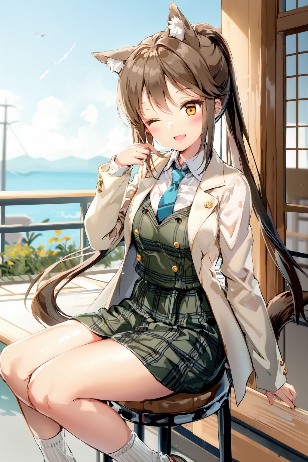 detailed eyes, 1girl, solo, animal ears, one eye closed, brown hair, necktie, outdoors, tail, jacket, smile, sitting, abe nana, open mouth, looking at viewer, long sleeves, horse ears, ponytail, horse girl, blush, dress, horse tail, socks, v, ;d, blurry, stool, skirt, shirt, brown eyes, white shirt, white socks, day, cropped jacket, bangs, buttons, flower, plaid, green dress, blurry background, blue necktie, sky, feet out of frame, hand up, shoes, red eyes
