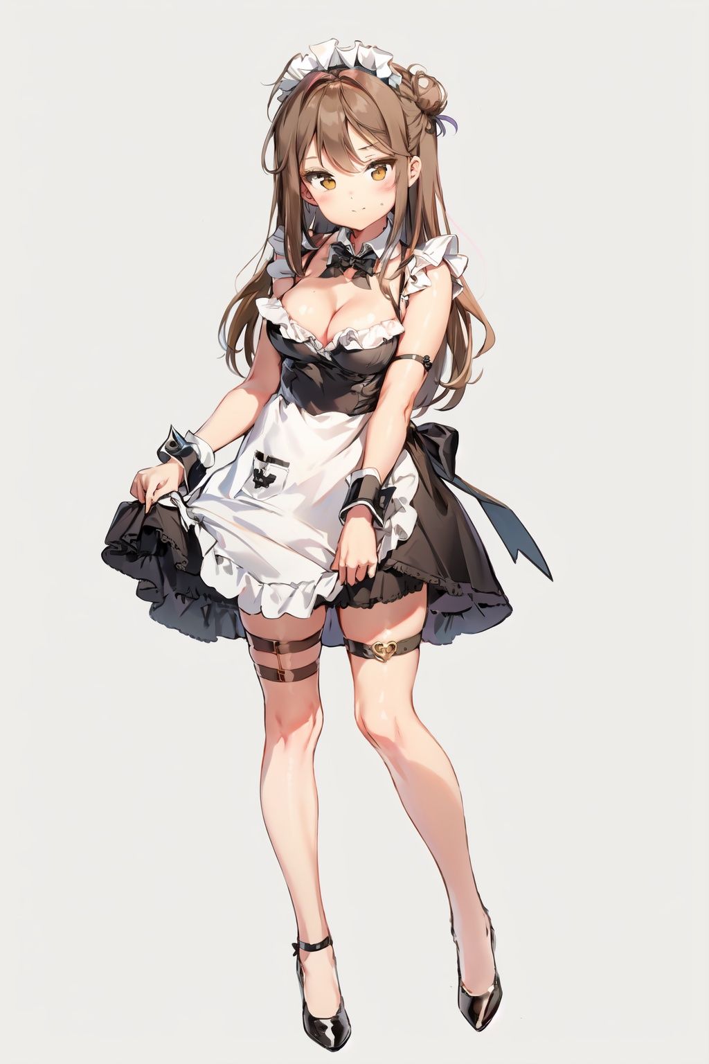  1girl, solo, breasts, thigh strap, maid headdress, brown eyes, dress, black footwear, red dress, apron, looking at viewer, long hair, maid, cleavage, high heels, simple background, bare shoulders, white background, blush, bowtie, medium breasts, sleeveless, bow, closed mouth, full body, detached collar, wrist cuffs, hair bun, brown hair
