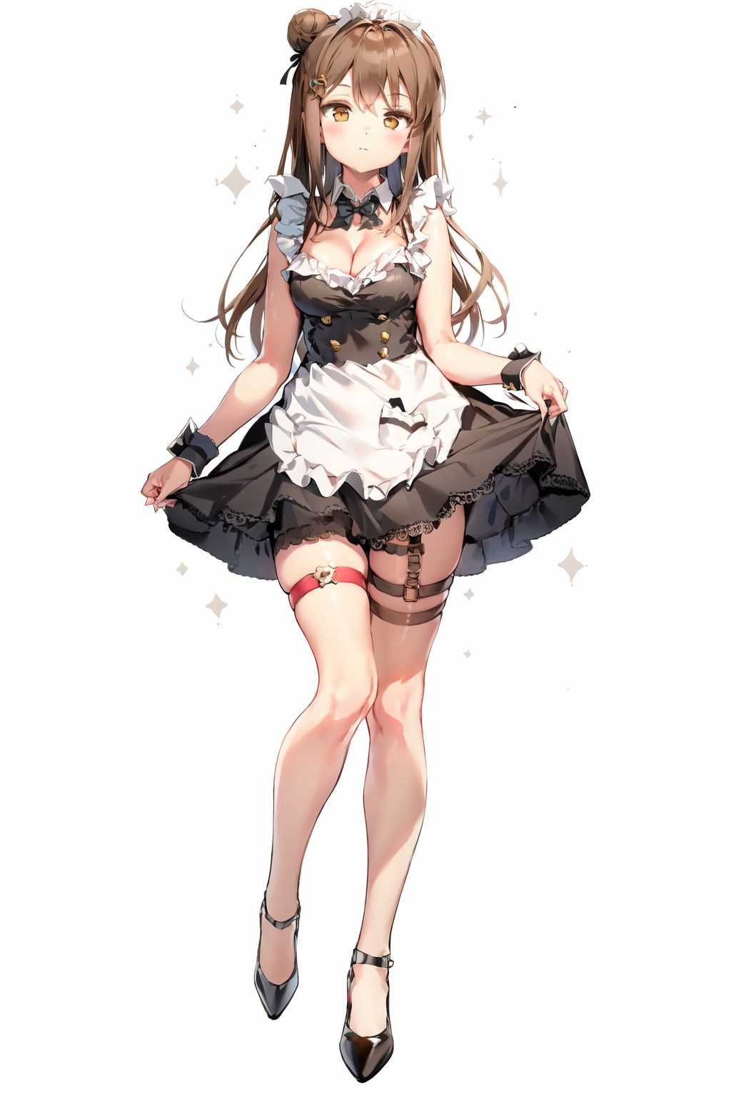  1girl, solo, breasts, thigh strap, maid headdress, brown eyes, dress, black footwear, red dress, apron, looking at viewer, long hair, maid, cleavage, high heels, simple background, bare shoulders, white background, blush, bowtie, medium breasts, sleeveless, bow, closed mouth, full body, detached collar, wrist cuffs, hair bun, brown hair