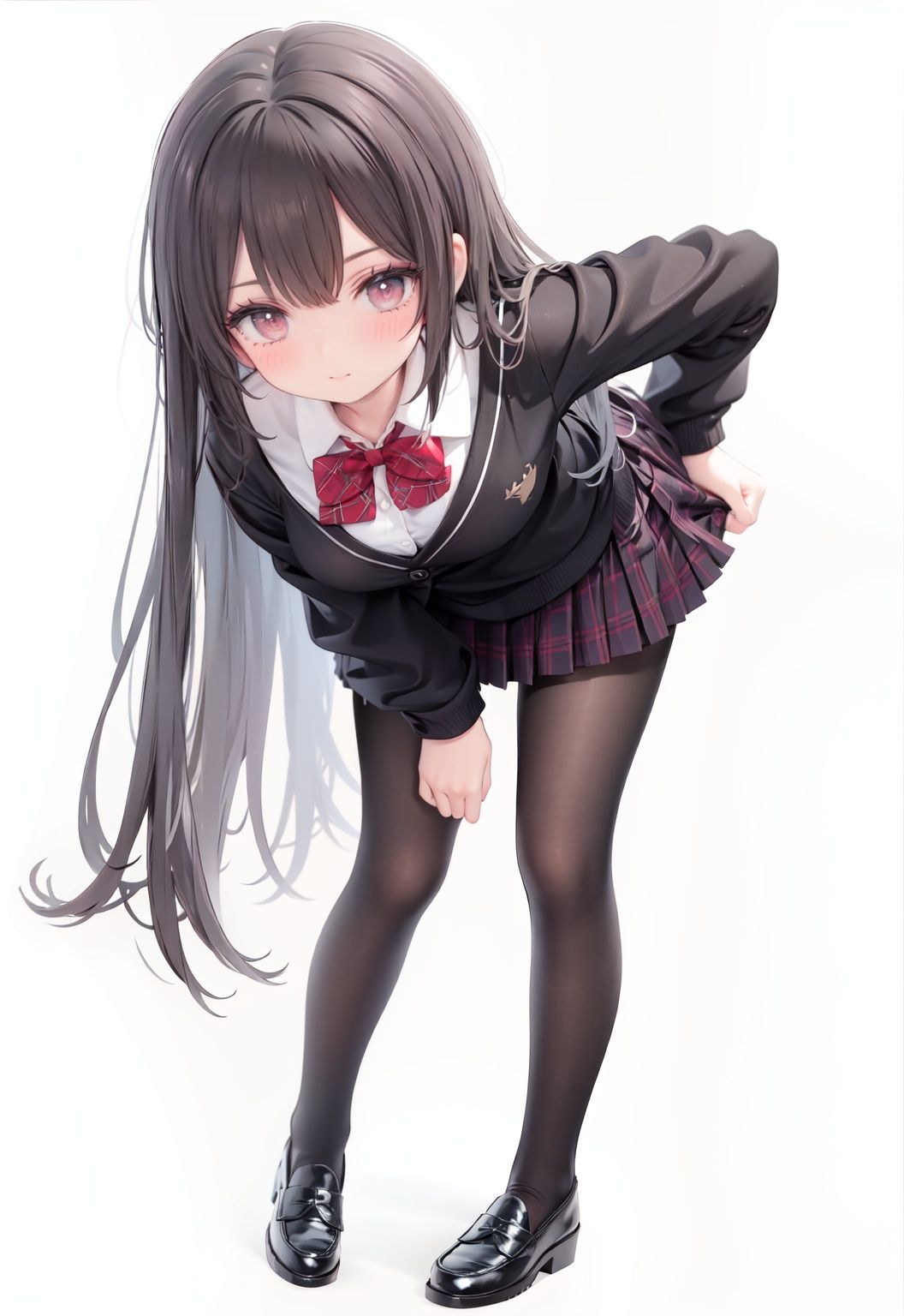  1girl, solo, pantyhose, skirt, long hair, loafers, shoes, simple background, school uniform, brown eyes, plaid, black pantyhose, plaid skirt, looking at viewer, black hair, pantyhose pull, full body, clothes pull, black footwear, pleated skirt, leaning forward, bangs, long sleeves, bent over, cardigan, bow, bowtie, standing, closed mouth, pulled by self, grey background, blush, miniskirt, red bow, sweater, **********