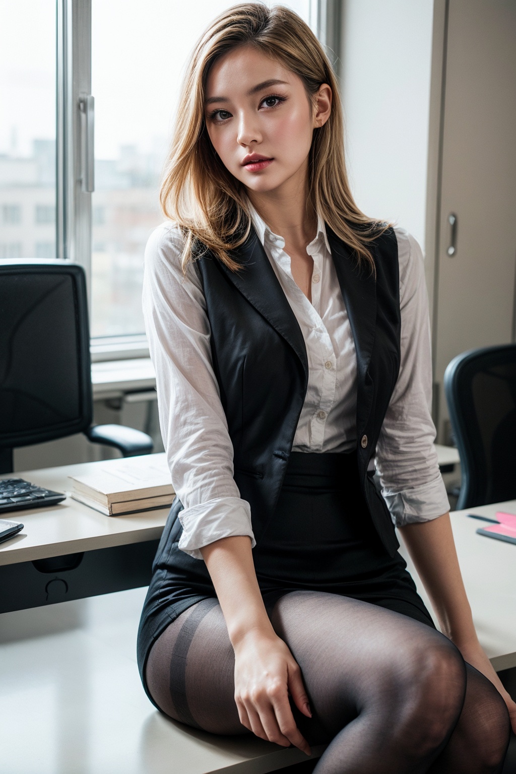 upper body portrait,  officel,  a pretty blonde caucasian office lady on Tensor.Art