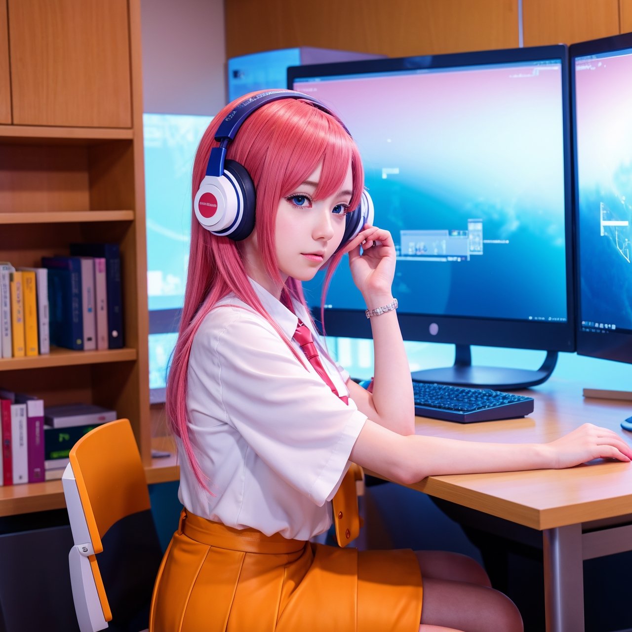 anime girl sitting at a desk with headphones on writing,  anime style 4 k,  digital anime illustration on Tensor.Art