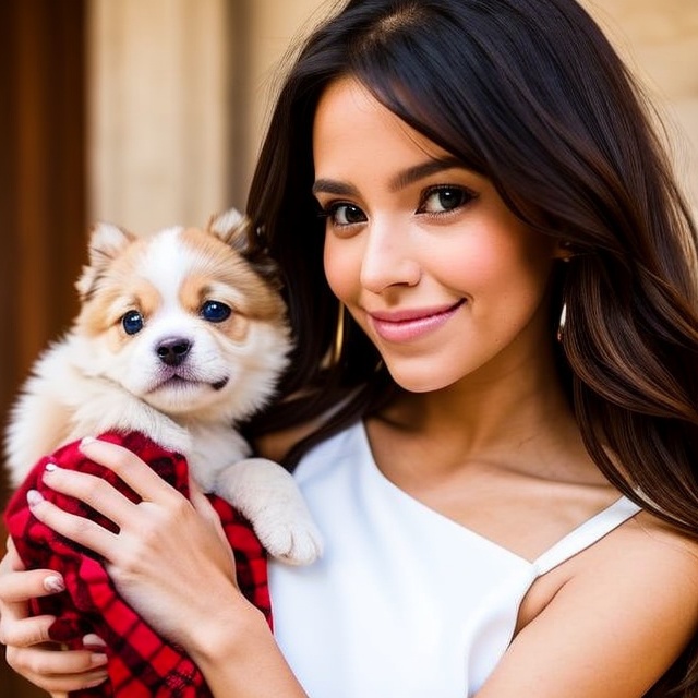Cute puppy. Beautiful puppy. Adorable puppy. Portrait of a woman in a white dress,  holding a book with delicate hands,  e...