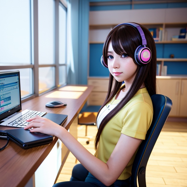 anime girl sitting at a desk with headphones on writing,  anime style 4 k,  digital anime illustration on Tensor.Art