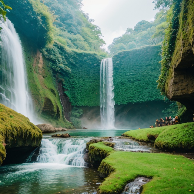 Waterfall conveys four adventurers natural fantasy landscape fairy green,  golden ratio,  animated detail on Tensor.Art