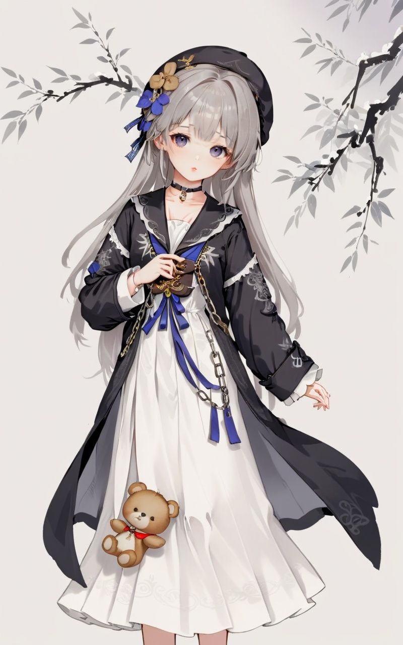traditional chinese ink painting,willow branches,willow tree in background,wuchangshuo,ultra-detailed,(best quality),((masterpiece)),(highres),original,extremely,<lora:heita_Dim8:1>,Herta,1girl,stuffed toy,stuffed animal,solo,holding stuffed toy,dress,hat,head tilt,stuffed bunny,simple background,holding,looking at viewer,choker,long sleeves,chain,grey background,teddy bear,white dress,beret,sailor collar,closed mouth,neckerchief,standing,cross,black choker,coat,white background,black dress,cowboy shot,