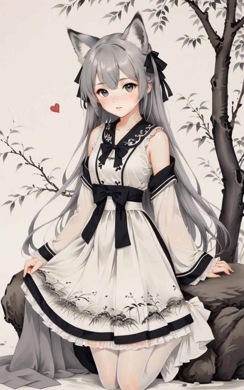 traditional chinese ink painting,willow branches,willow tree in background,wuchangshuo,black and white ink painting,loli, miser, cute loli, best quality, highly detailed, masterpiece, super detailed, illustrations, lolita fashion, sweet, cute, floral pattern lace detail, bow and ribbon, fluffy skirt, feminine, playful, kawaii, cute, comfortable anime, no shoes, cute loli, (white background: 1.2) , (gray hair: 1.4), cute loli, details, heart shaped_ pupils, (fox tail: 1.5), IP, emoji, Illustrations, Dico girl, (looks disgusting), very angry, white pantyhose, 1girl