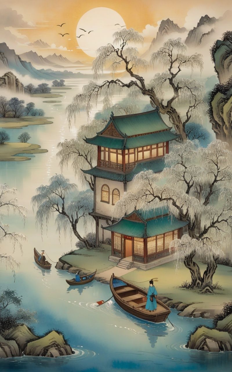 traditional chinese ink painting,willow branches,willow tree in background,wuchangshuo,detailed ink, pen and ink, mail art, best quality, detailed epic ice transparent ethereal otherworldly ghost castle in the blue sky, clouds, smoke, fog, detailed landscape, ghost figures, lake, boat, green forest, detailed flying dragon at the sky, detailed scales, warm lights, glittering, Craola, Dan Mumford, Andy Kehoe, 2d, flat, art on a cracked paper, patchwork, stained glass, cute, adorable, fairytale, storybook detailed illustration, cinematic, ultra highly detailed, tiny details, beautiful details, mystical, luminism, vibrant colors, complex background