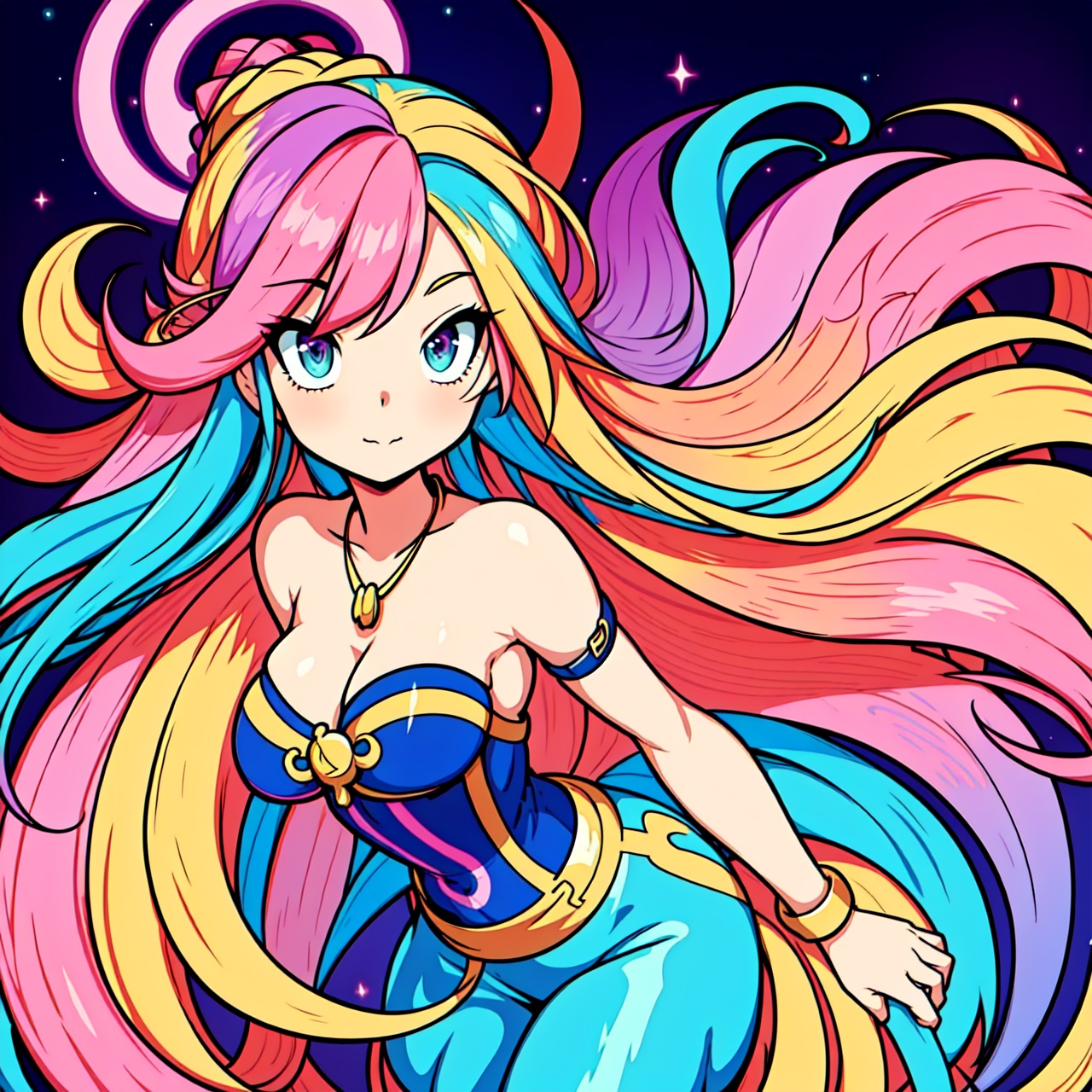 Close-up of a woman with colorful hair and necklace,  anime girl with cosmic hair,  Rossdraws soft vibrancy on Tensor.Art