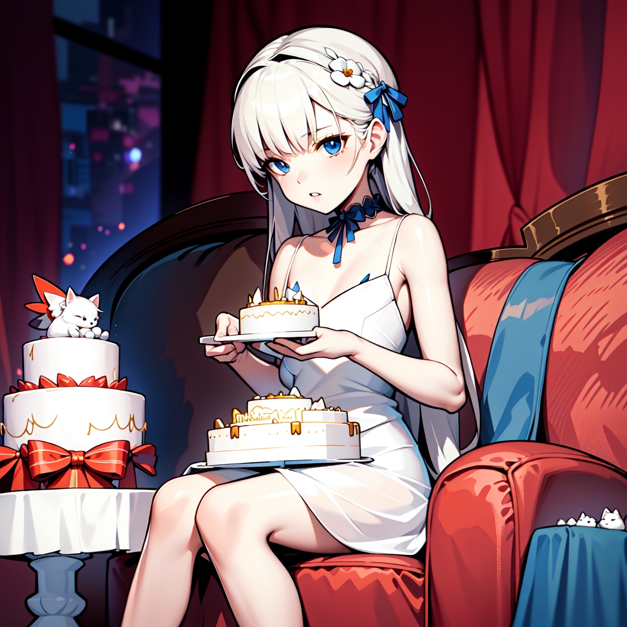 The woman is sitting on the sofa with a small white Pomeranian crawling on her lap,  opposite a birthday cake,  making a w...