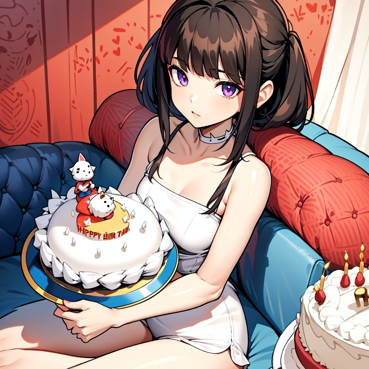 The woman is sitting on the sofa with a small white Pomeranian crawling on her lap,  opposite a birthday cake,  making a w...