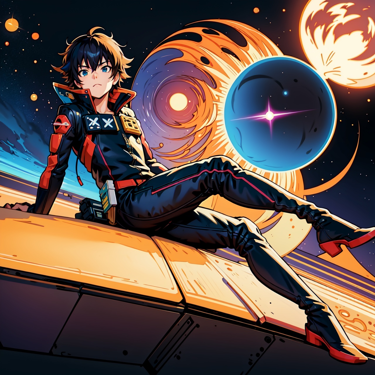 anime guy sitting on the ground looking at the planet,  space cowboy,  cyber space cowboy on Tensor.Art