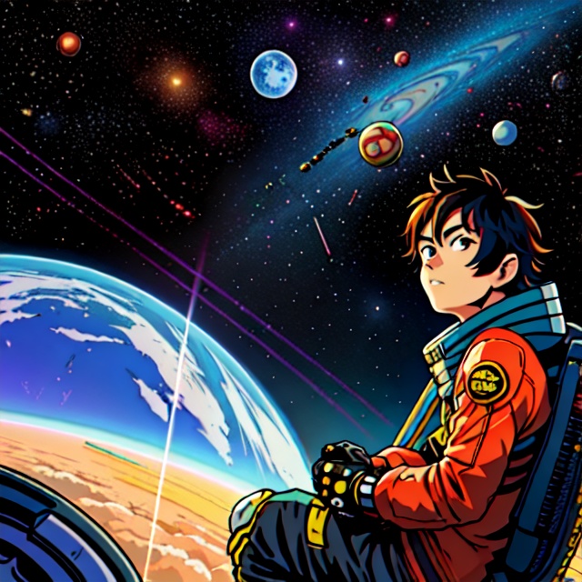 anime guy sitting on the ground looking at the planet,  space cowboy,  cyber space cowboy on Tensor.Art