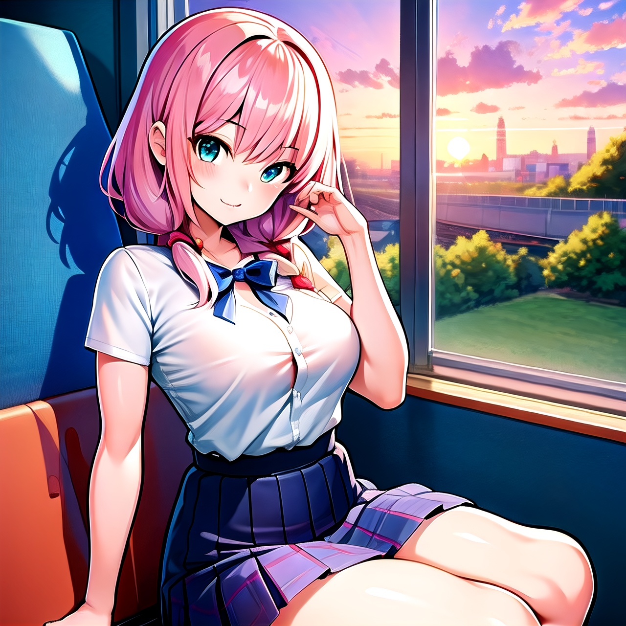 anime girl sitting on a train looking out the window,  beautiful anime portrait,  lofi portrait at a window on Tensor.Art