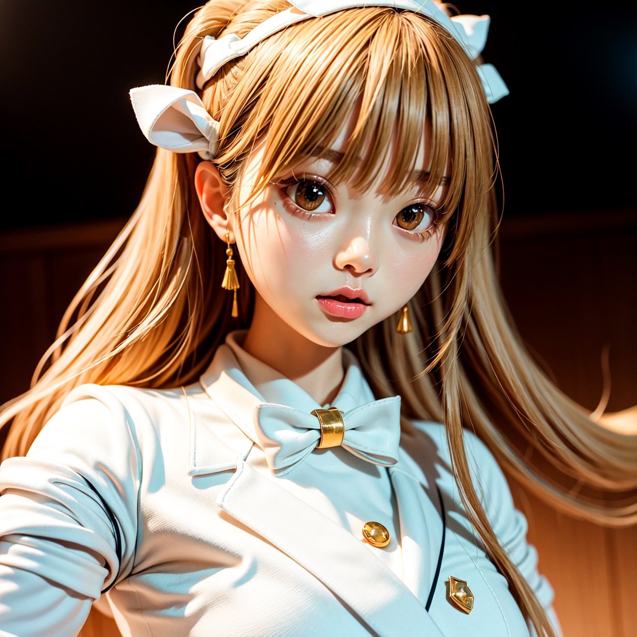 there is a woman with long hair wearing a white jacket and a bow tie,  korean girl,  realistic young anime girl on Tensor.Art