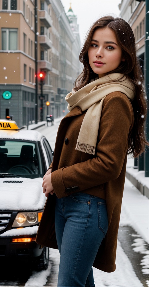 Background: Moscow main boulevard,  "Tverskaya Street",  girl stops a taxi car on Tensor.Art