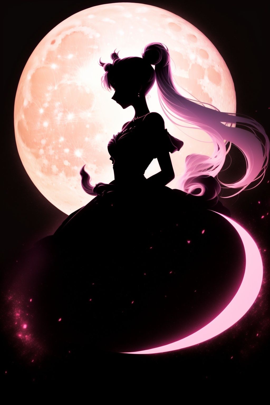  Best quality, 8k, cg,particulars,human shadow,,Pink Moon,Moon background,Black dress, shadow, ponytail,
