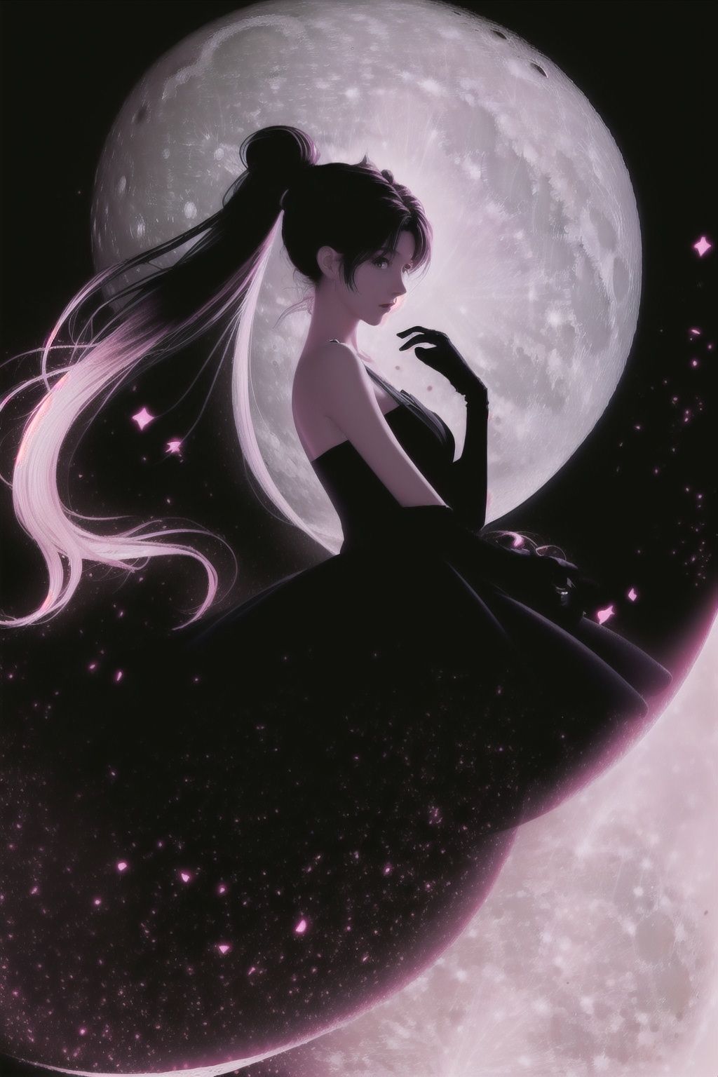  Best quality, 8k, cg,particulars,1girl,Pink Moon,Moon background,Black dress, shadow, long hair, ponytail