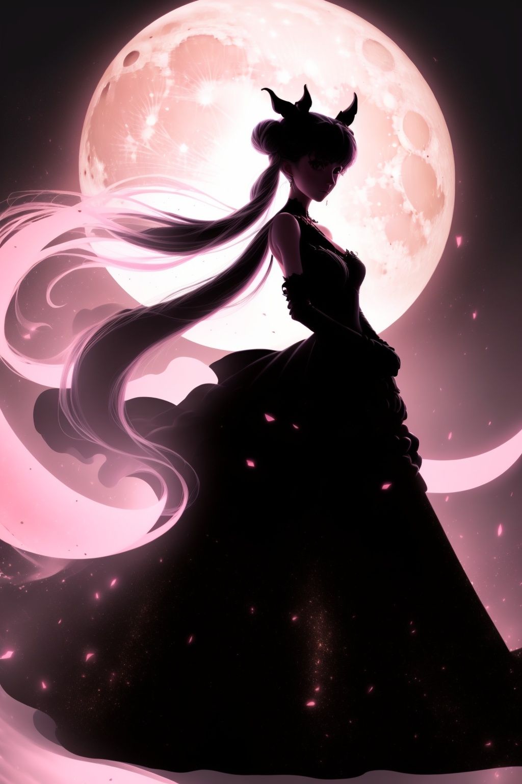  Best quality, 8k, cg,particulars,human shadow,,Pink Moon,Moon background,Black dress, shadow, Double horsetail,long hair