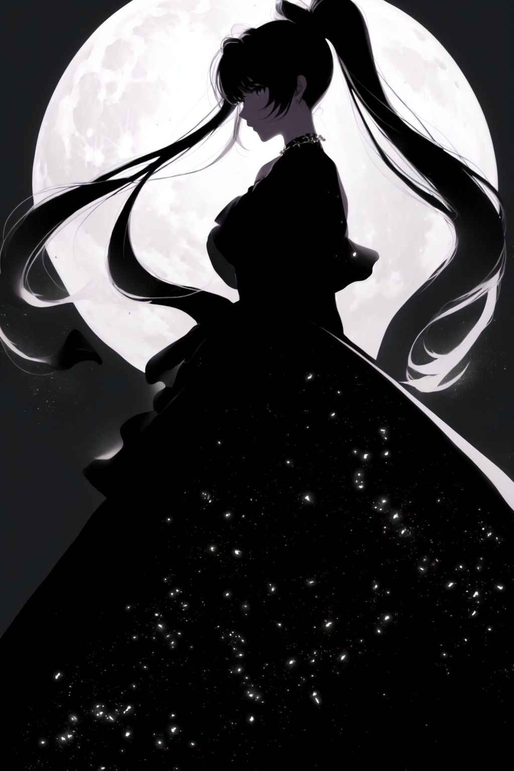  Best quality, 8k, cg,particulars,Black Theme,1girl,Big Moon Background,Black dress, shadow, ponytail,